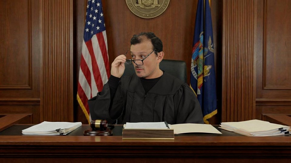 Finished composite: the judge behind the bench in the virtual courtroom, with flags, seal, and gavel