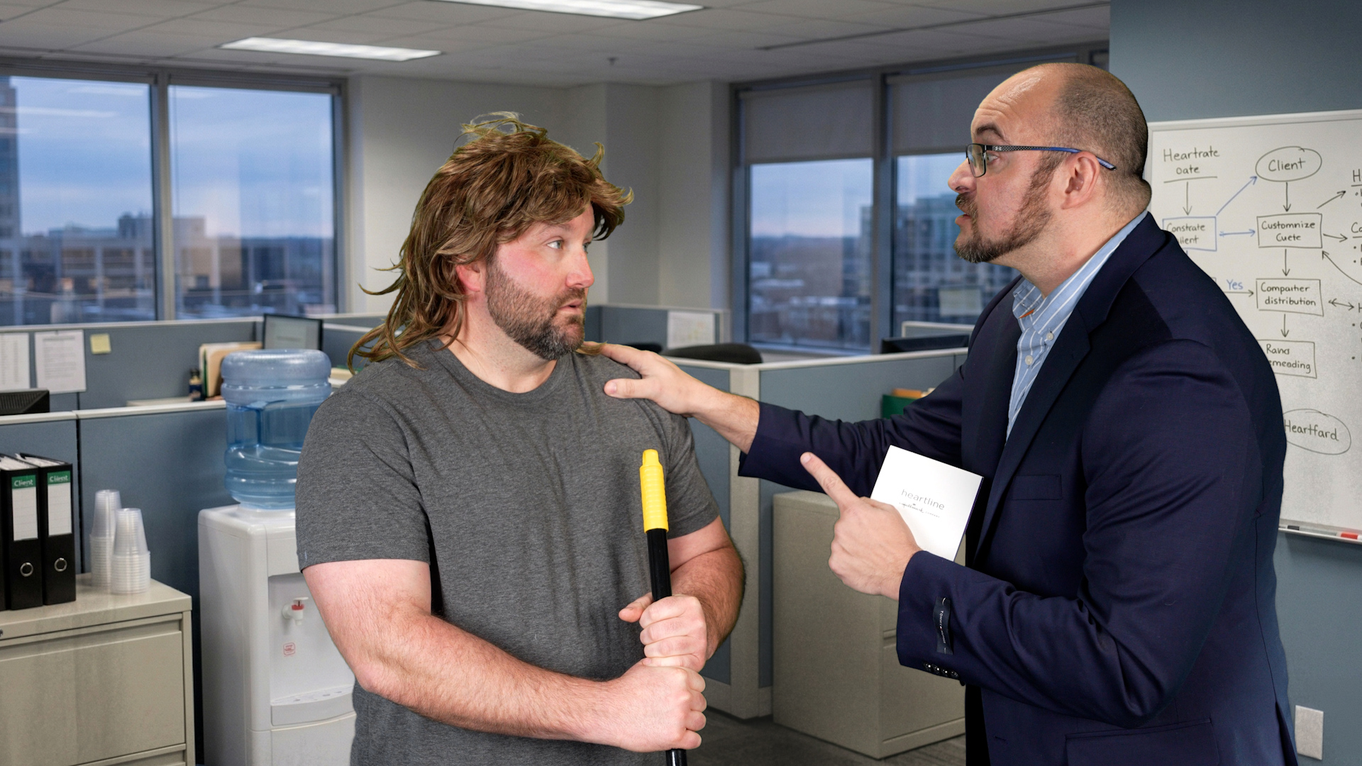 Finished frame: a manager in a blazer lectures a long-haired employee holding a broom in a corporate office with cubicles and a whiteboard
