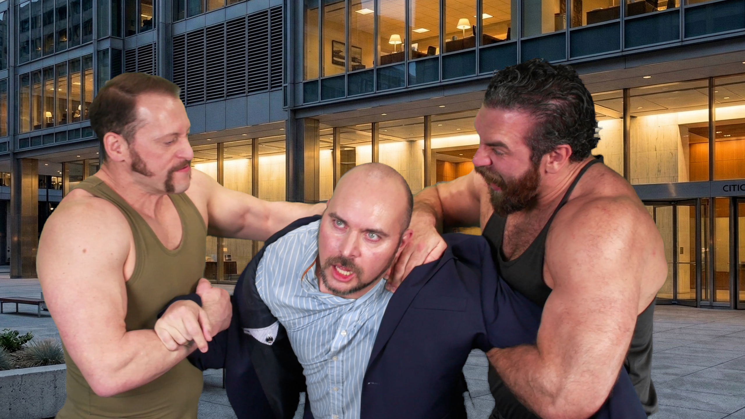 Finished frame: two muscular men in tank tops grab a startled man in a blazer outside a glass office building at dusk