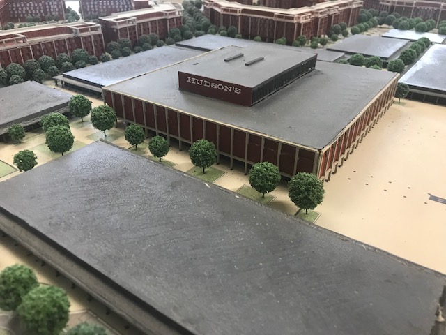 A 3D printed scale model of the historic Hudson's building at Northland, with its parking lot and landscaping