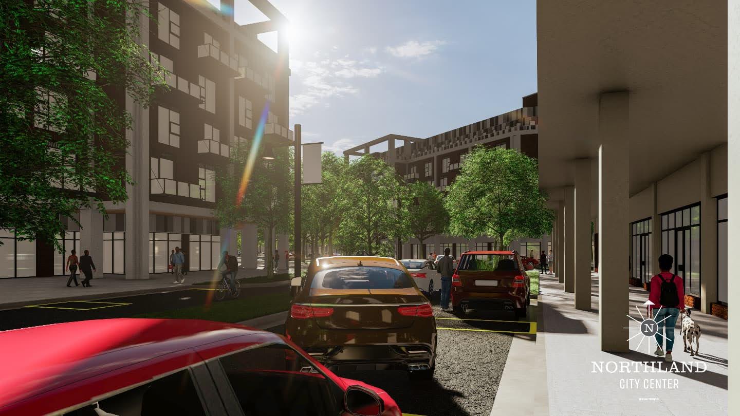 A street level 3D rendering of Northland City Center with cars, trees and people walking