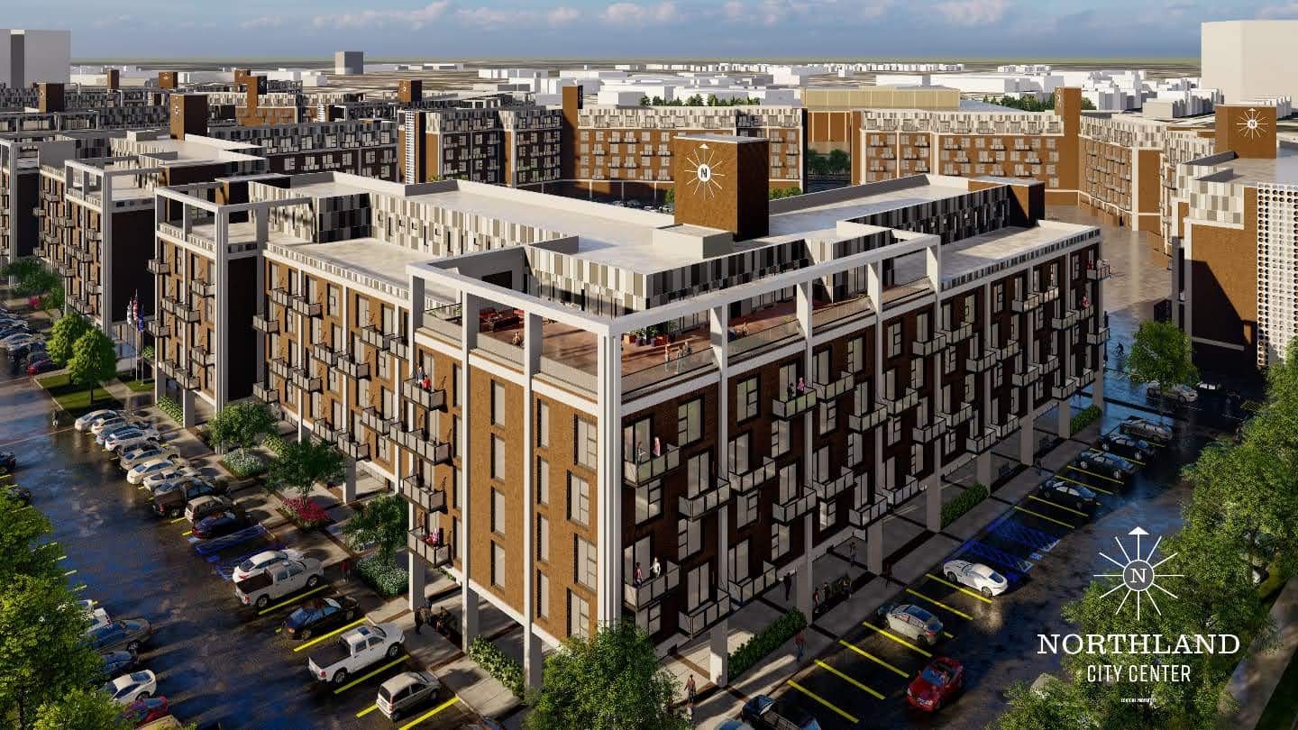 A 3D rendering of the Northland City Center apartment buildings seen from the air with parking and landscaping