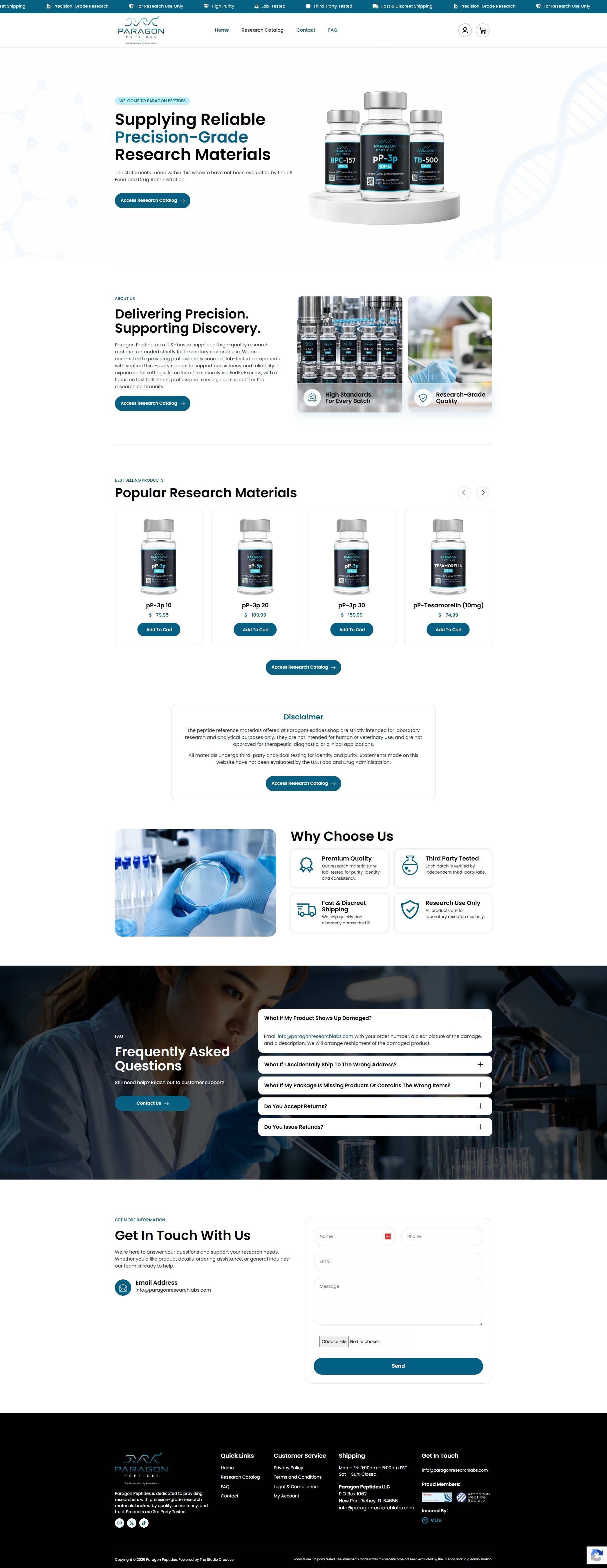 Paragon Peptides website home page, built by The Studio Creative