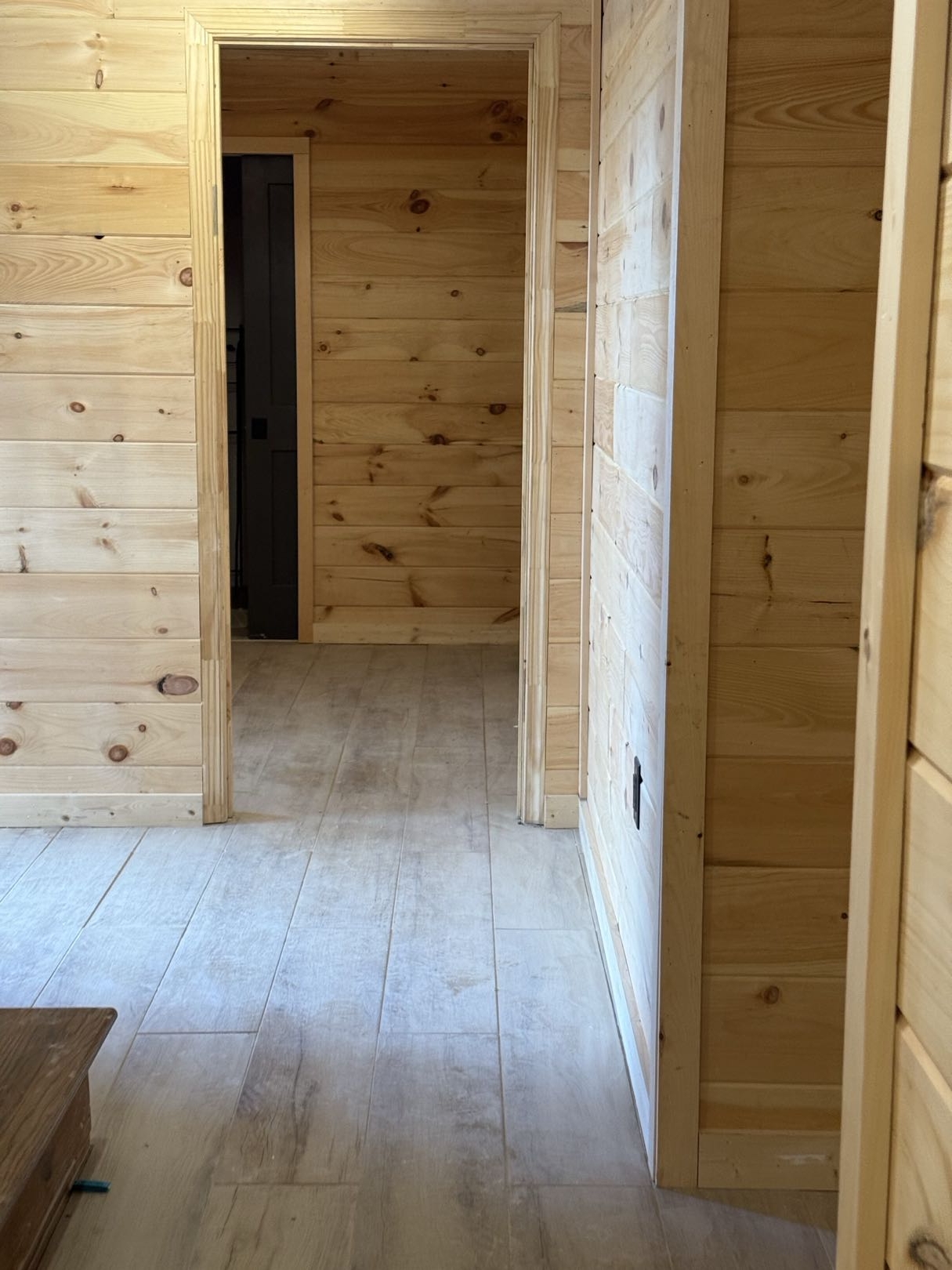 Remodeled basement hallway with wall paneling, new trim, and light wood-look flooring.