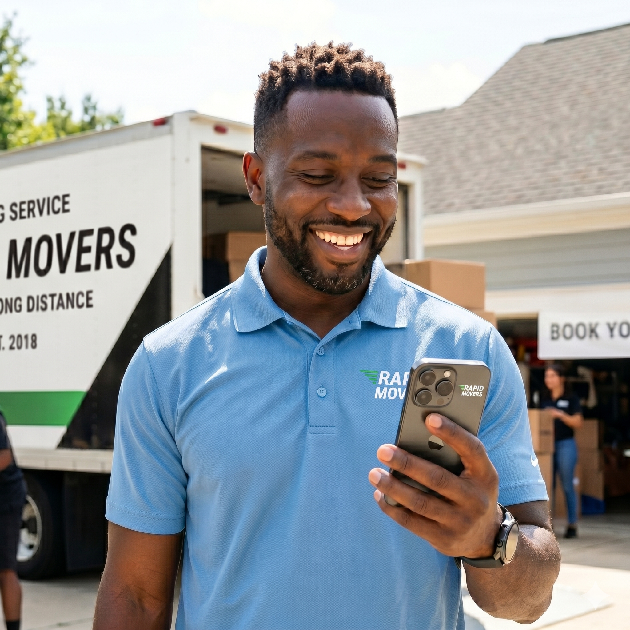 Happy local business owner using mobile app
