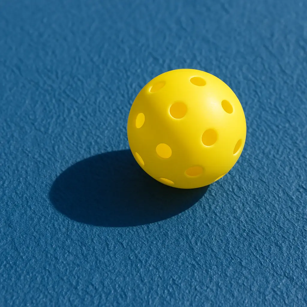 image of a pickleball in a color blue pickleball court floor