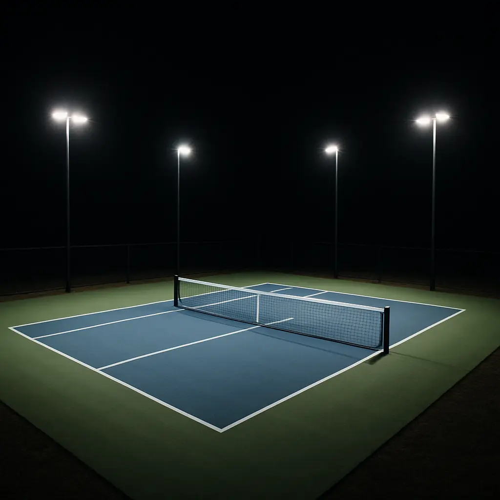 image of a pickleball court at night with lighting