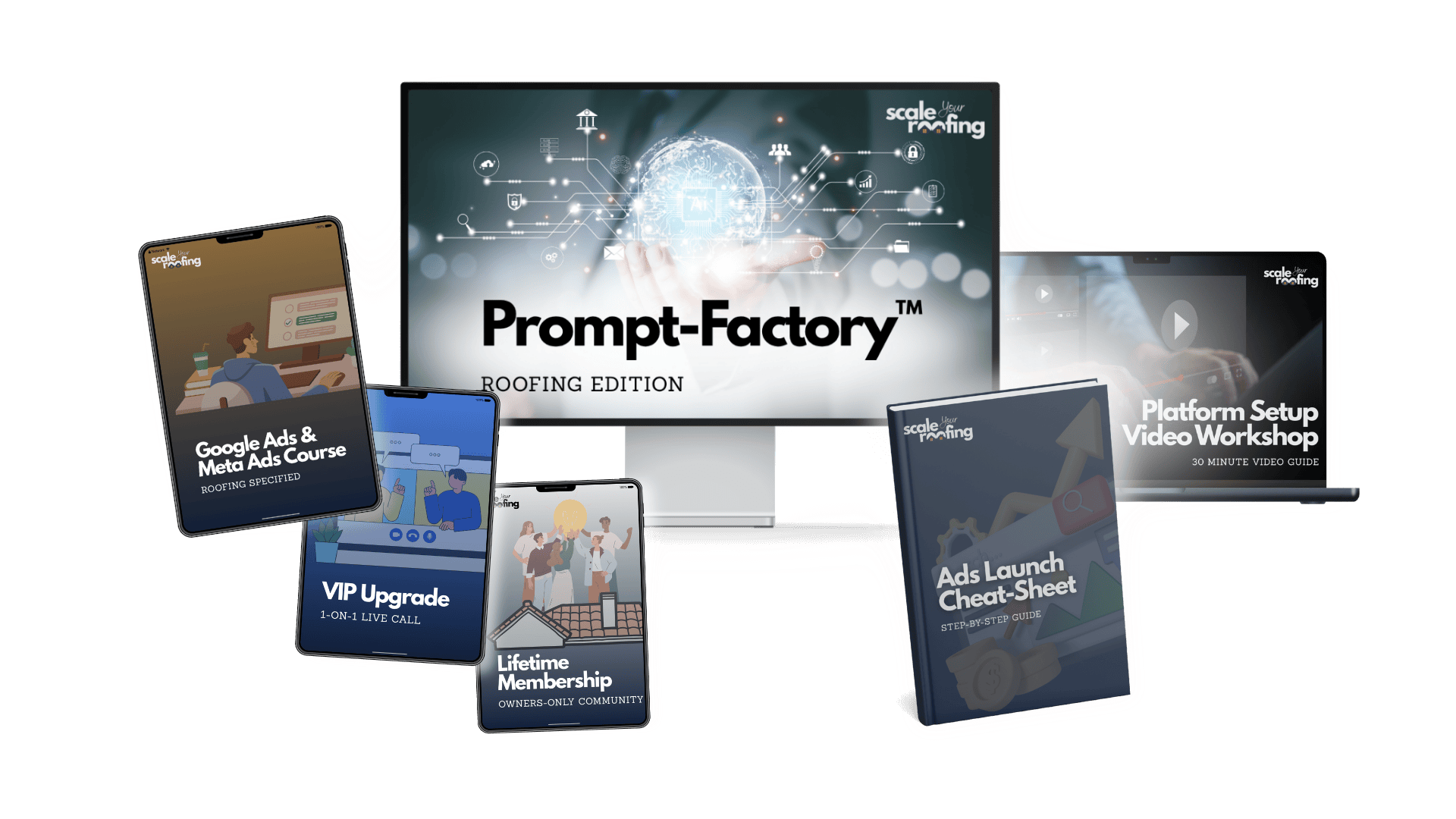 Prompt-Factory full bundle with Founders Access bonuses—150 AI roofing ad prompts, VIP call, community, and Google & Meta ads course