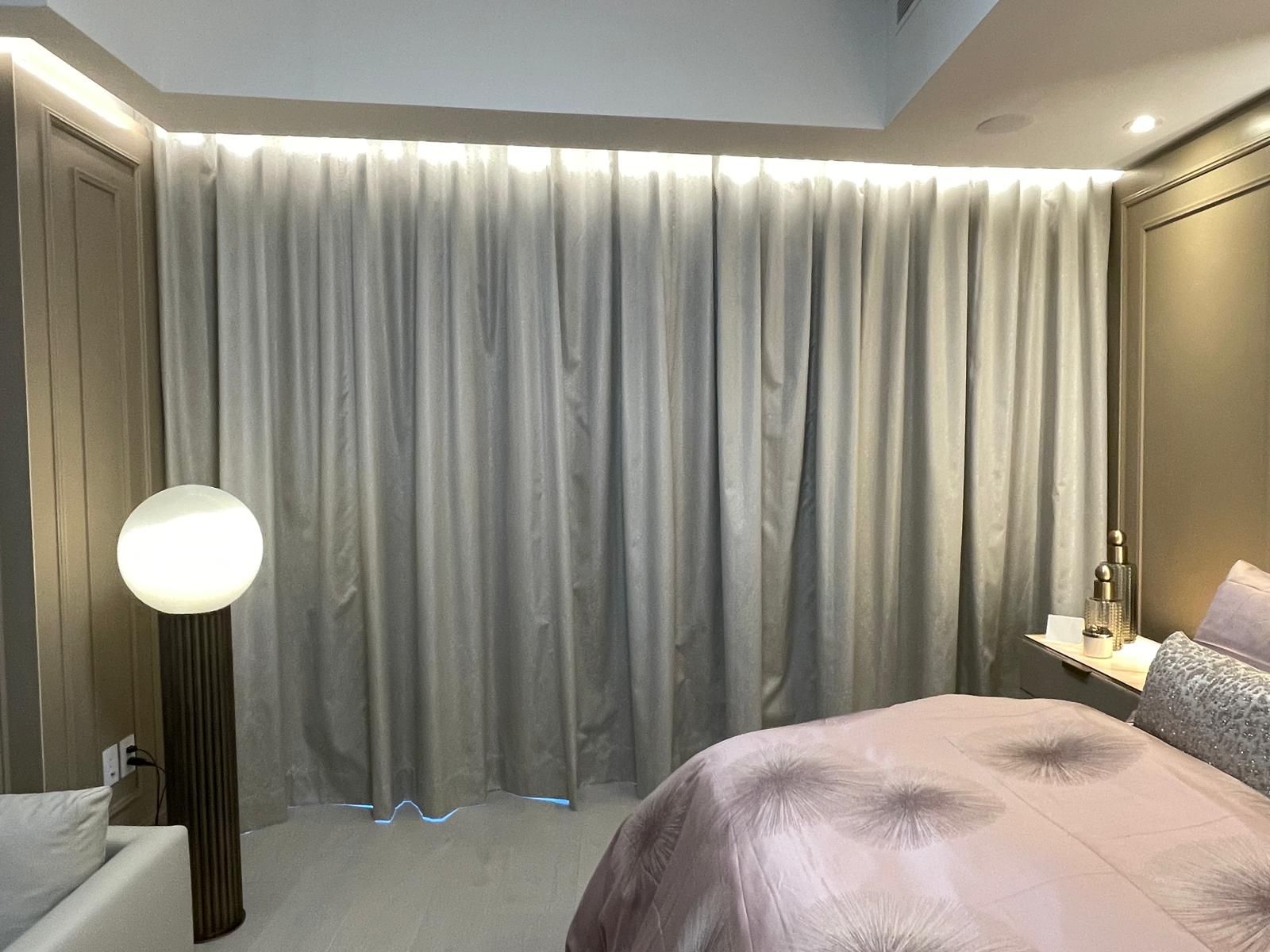 Bedroom drapery with integrated lighting