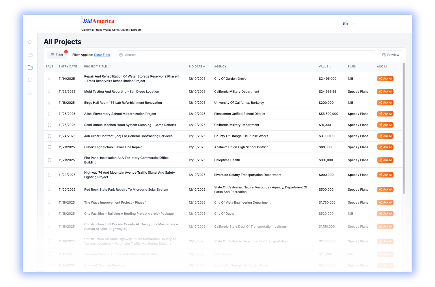 BidAmerica public works search interface