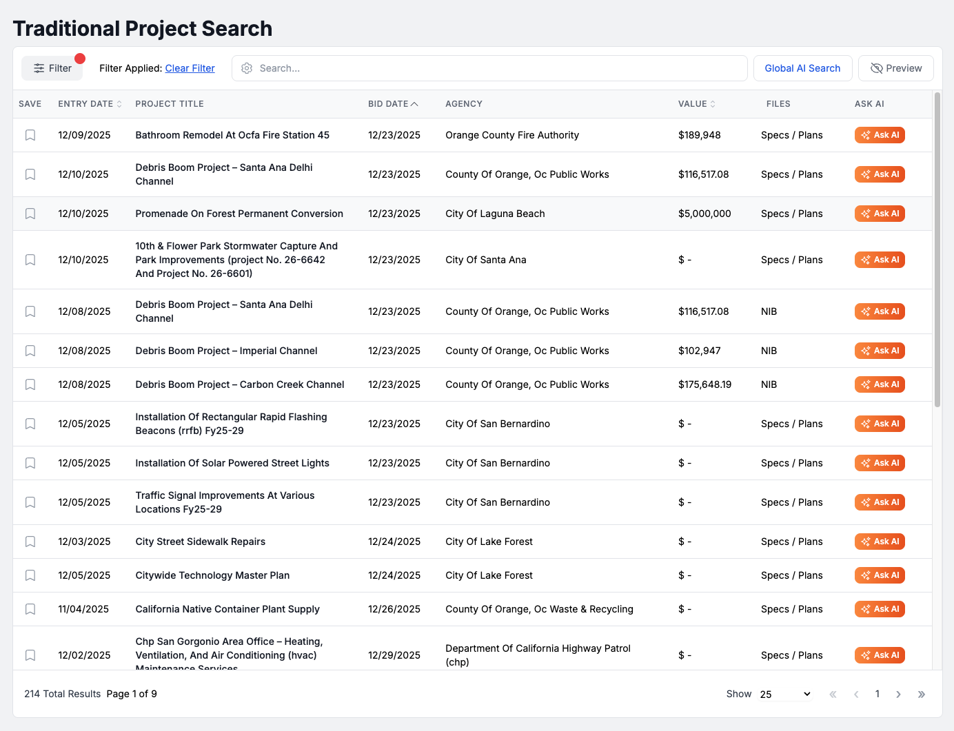 BidAmerica traditional table search