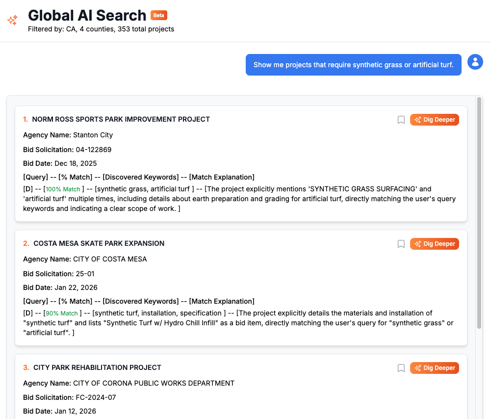 BidAmerica Global AI Search interface