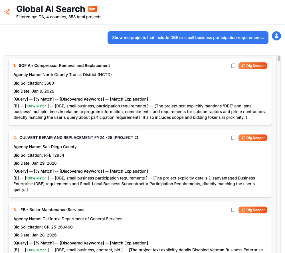 BidAmerica Global AI Search interface
