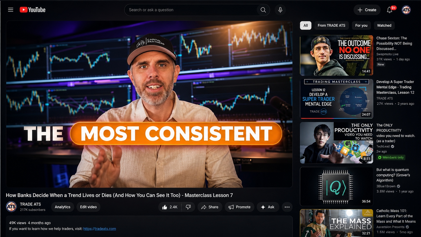 A Trade ATS masterclass video playing on YouTube — free trading education on the channel