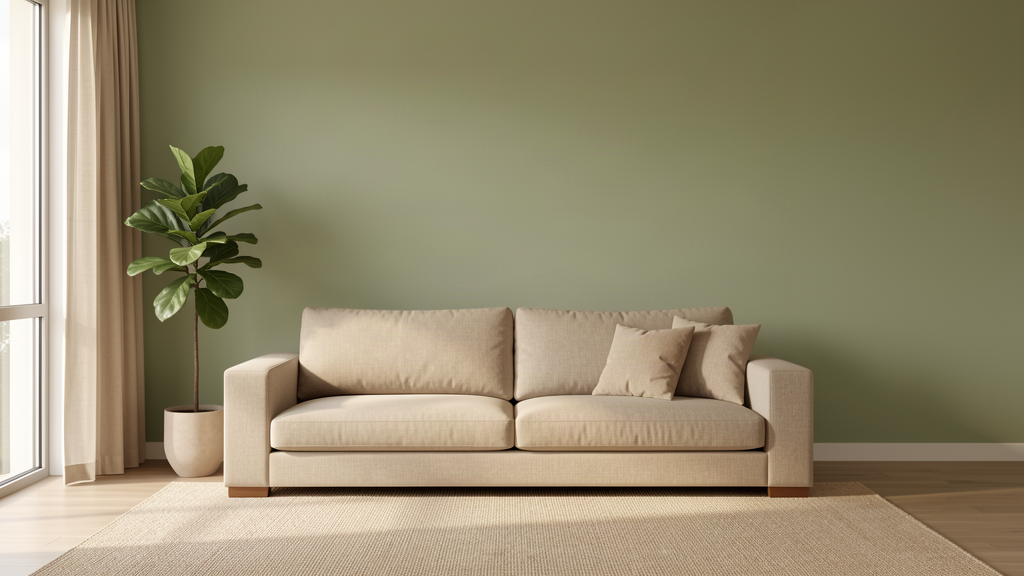 A calm, sunlit sitting room in soft sage and natural linen