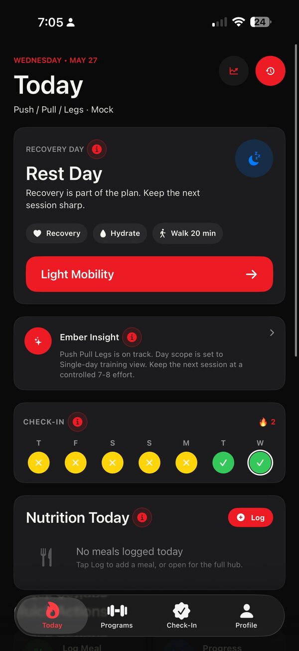 Athlete Today view with rest day guidance, Ember Insight and check-in week