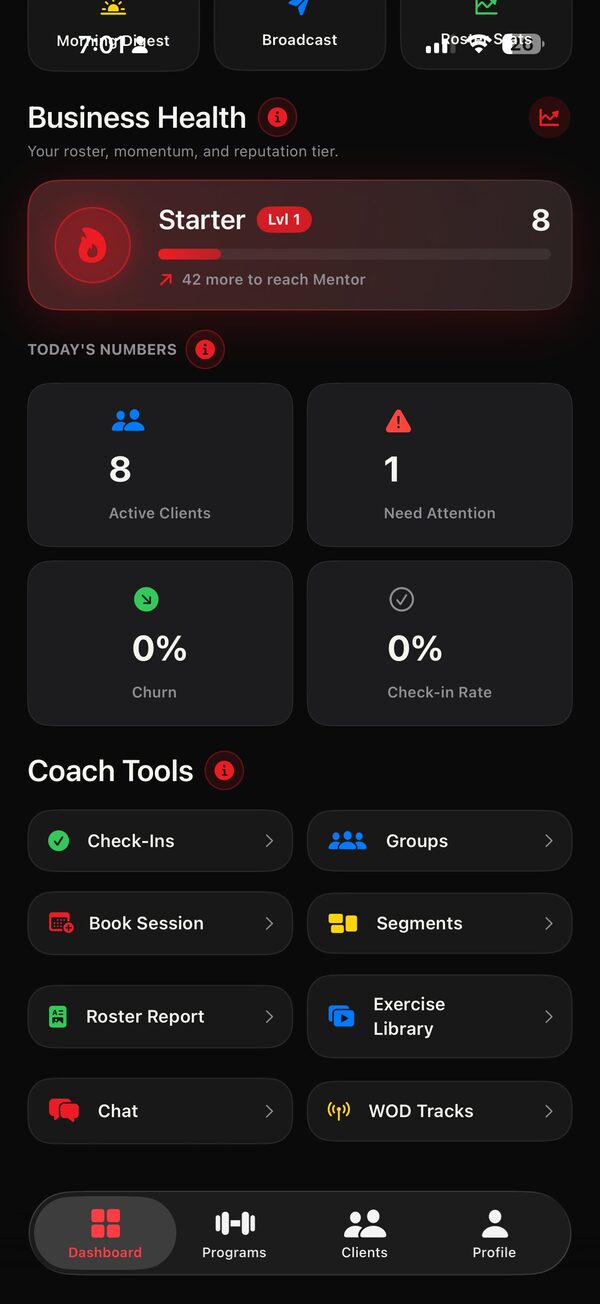Business Health dashboard showing tier, active clients, churn and check-in rate