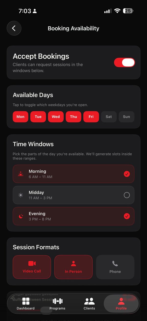 Booking Availability with available days, time windows and session formats