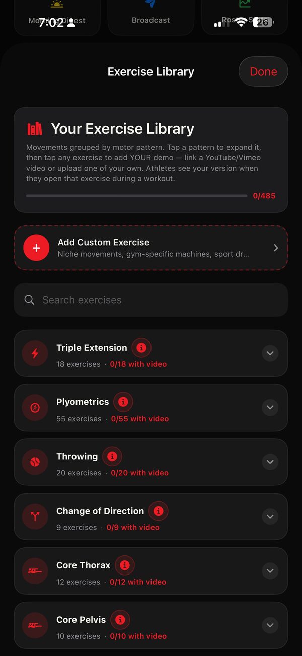 Exercise Library grouped by motor pattern with custom demo upload