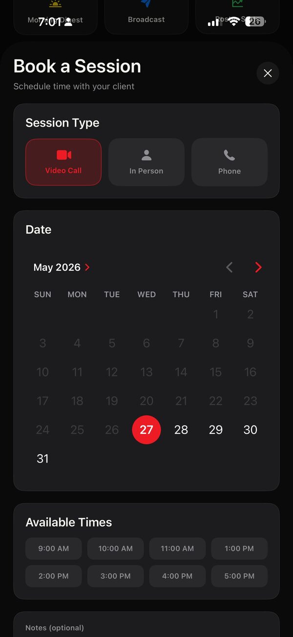 Client-facing Book a Session view with session type, date and time