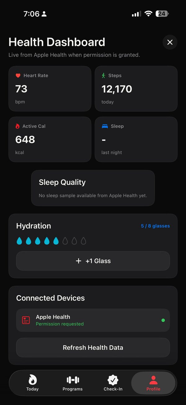 Health Dashboard with heart rate, steps, active calories, sleep, hydration from Apple Health