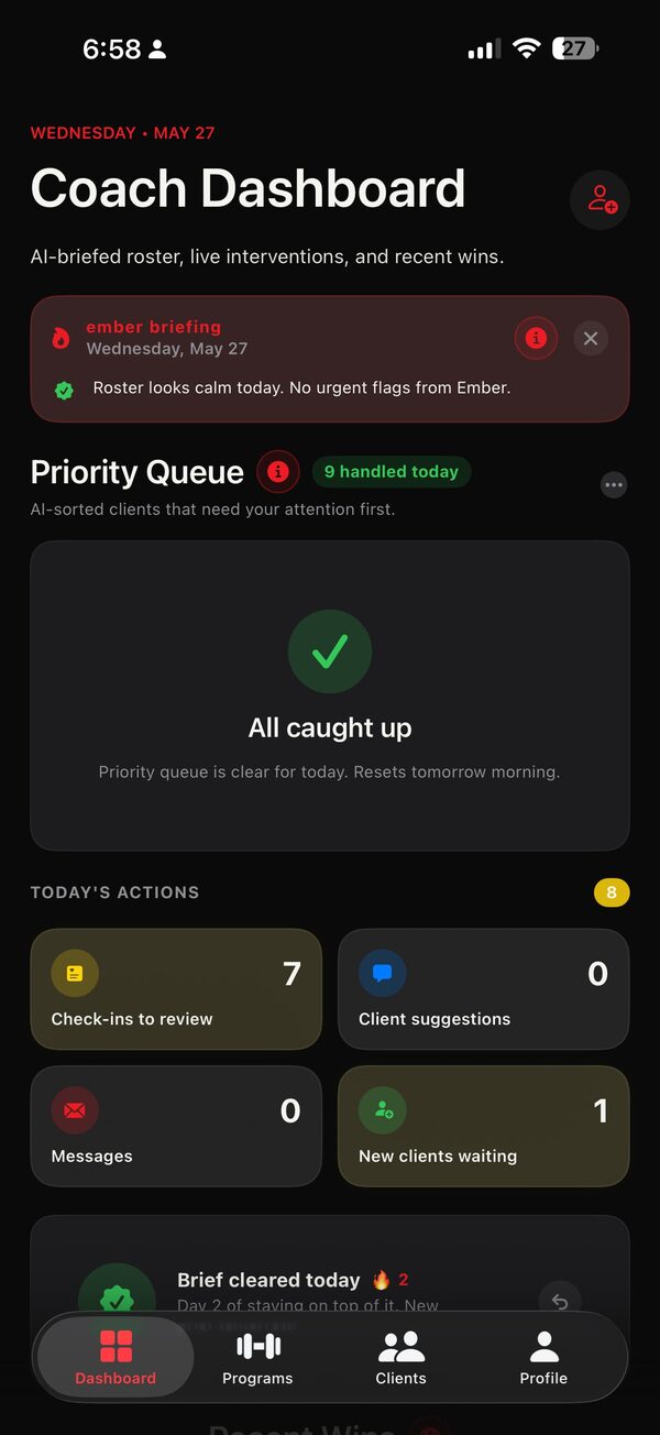 Coach Dashboard with AI-briefed roster and priority queue