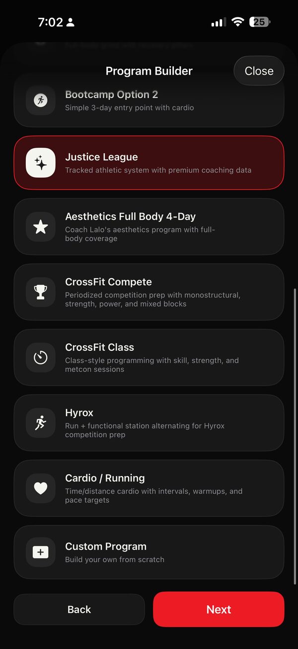 Program Builder with pre-built systems including Justice League and CrossFit Compete