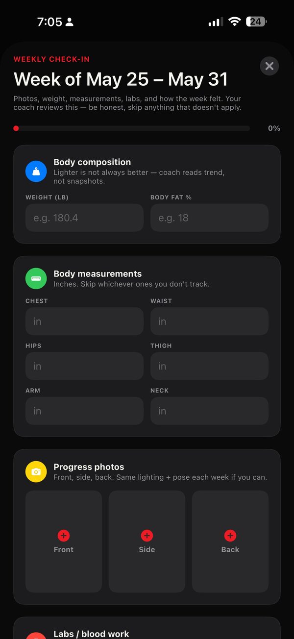 Athlete weekly check-in with body composition, measurements and progress photos