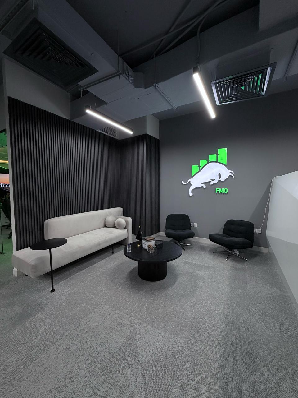 Client lounge with the FMO bull logo