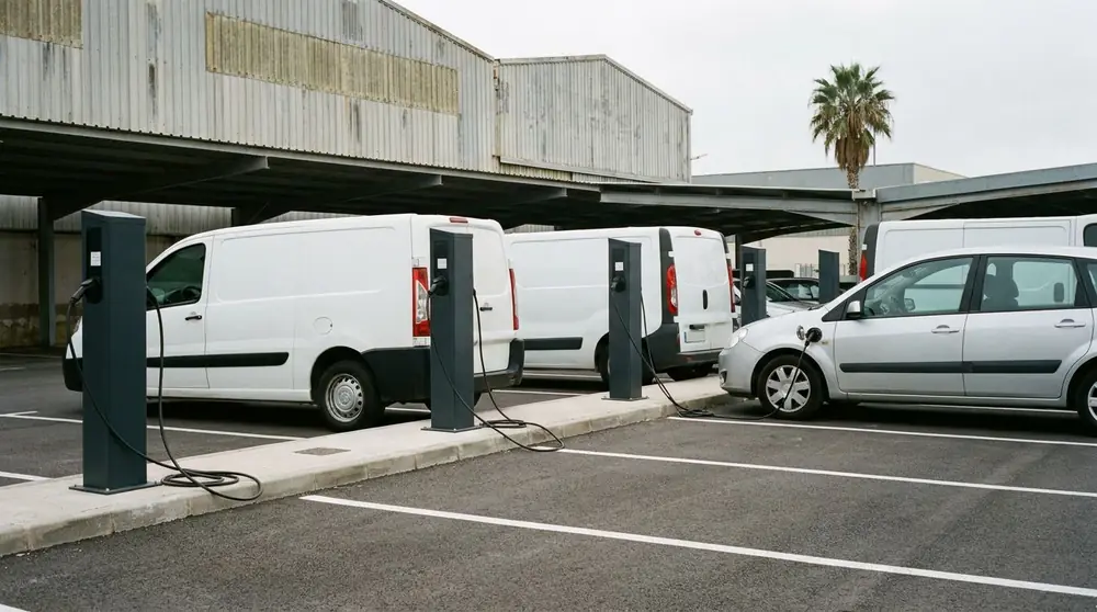 Aparcamiento cubierto de una empresa con varios postes de recarga y furgonetas cargando