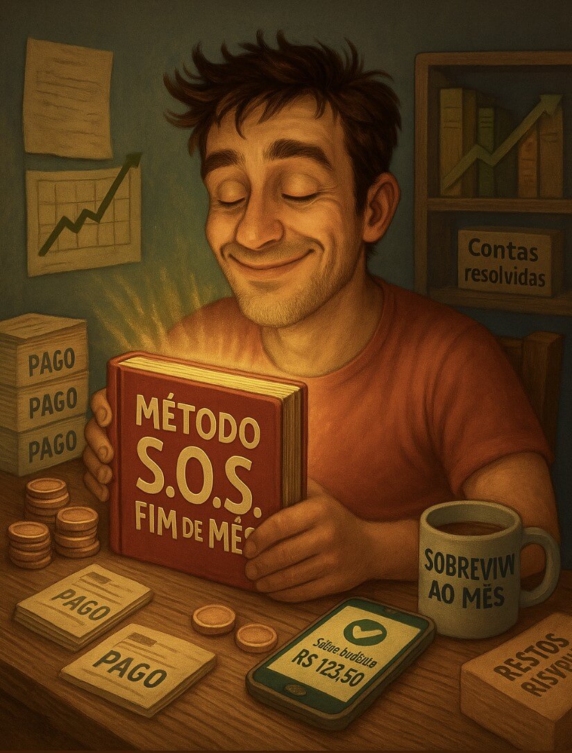 Homem feliz com as contas pagas, segurando o Método S.O.S. Fim de Mês