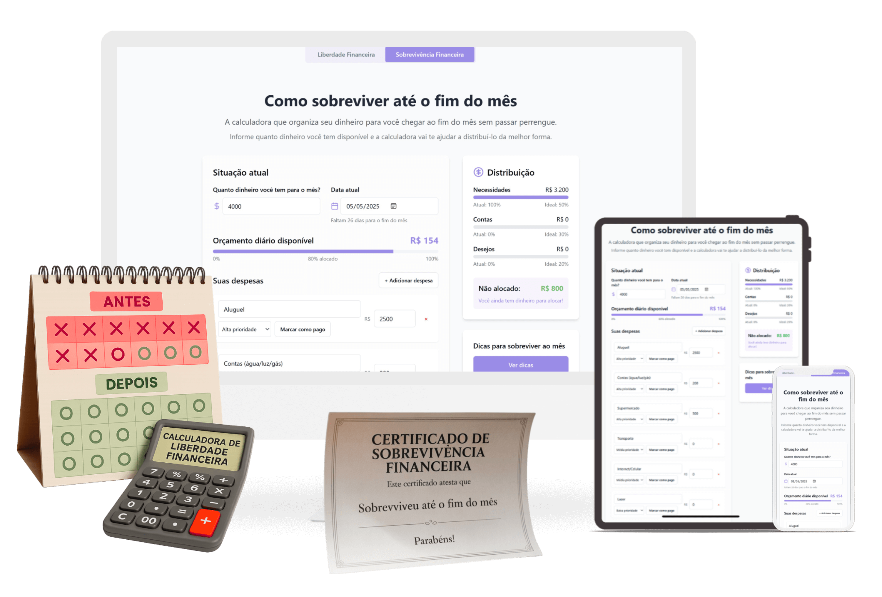 Imagem de como distribuir o dinheiro até o fim do mês, com uma calculadora, planilhas e um certificado de sobrevivência financeira