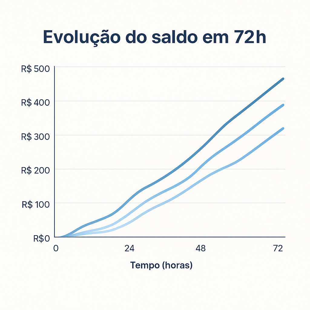 Evolução do saldo em 72h, mostrando o crescimento financeiro em 3 linhas