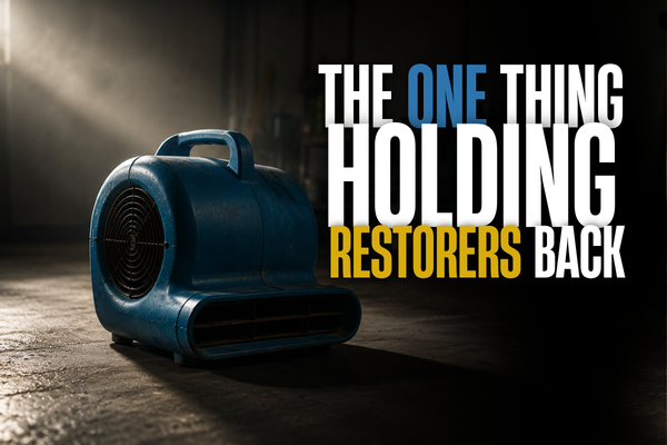 A single blue restoration air mover lit by window light in a dark industrial shop — the fundamental unit of the work that compounds across an entire operation when the system behind it is built right. The words THE ONE THING HOLDING RESTORERS BACK in the top right quadrant of the image. A single blue restoration air mover lit by window light in a dark industrial shop — the fundamental unit of the work that compounds across an entire operation when the system behind it is built right. The words THE ONE THING HOLDING RESTORERS BACK in the top right quadrant of the image.