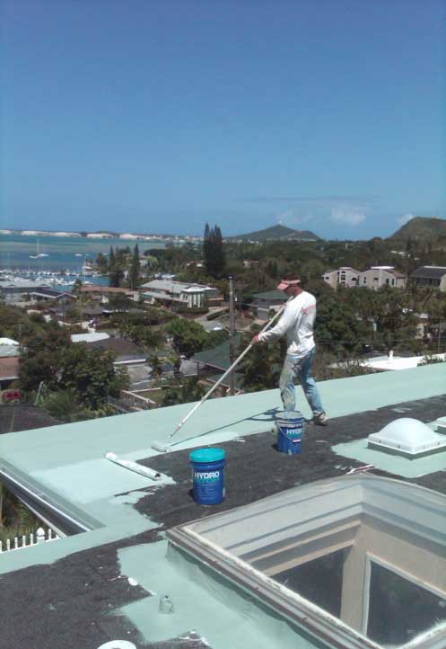 Crew applying HydroStop coating with coastal view