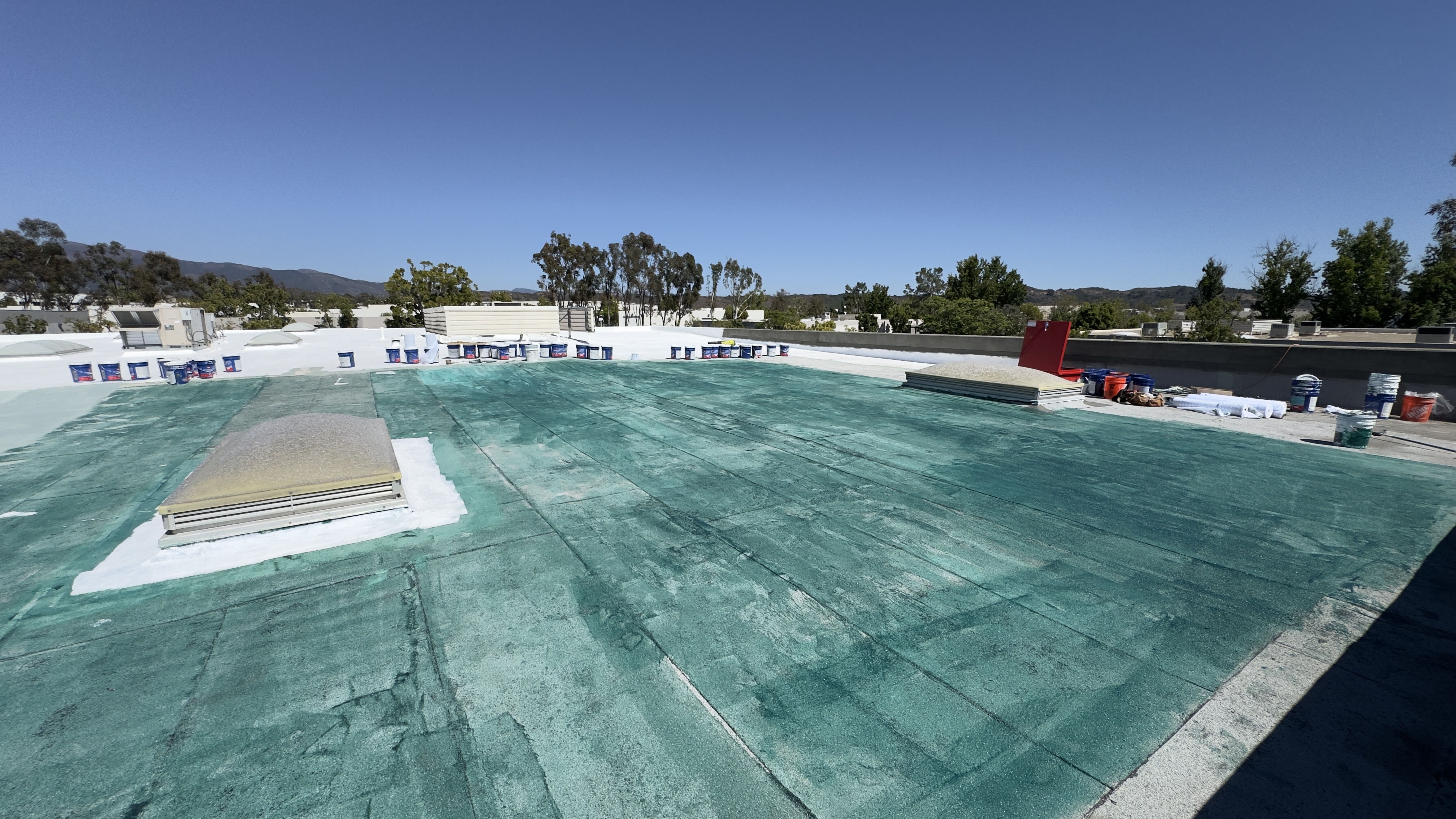 Wide freshly coated commercial roof