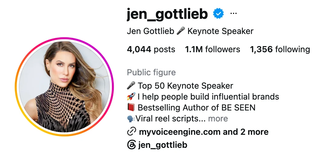 Jen Gottlieb’s verified Instagram profile, @jen_gottlieb, showing 1.1M followers.