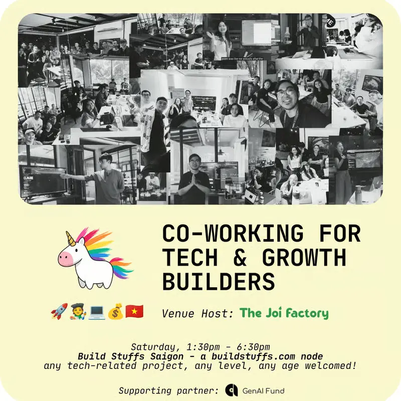 Cowork & Showcase for Tech/Growth Builders event at The Joi Factory in Ho Chi Minh City.