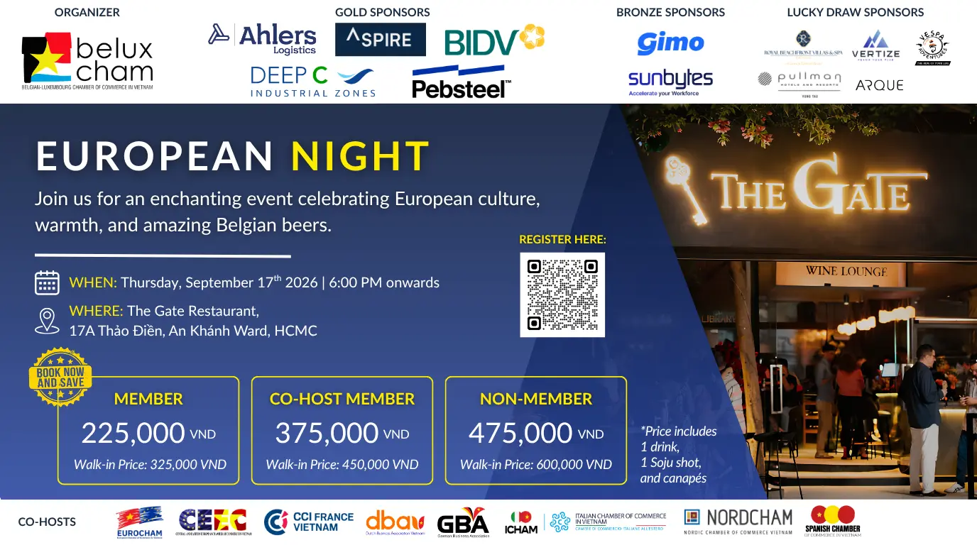 BeLuxCham European Night 2026 event at The Gate Thao Dien in Ho Chi Minh City.