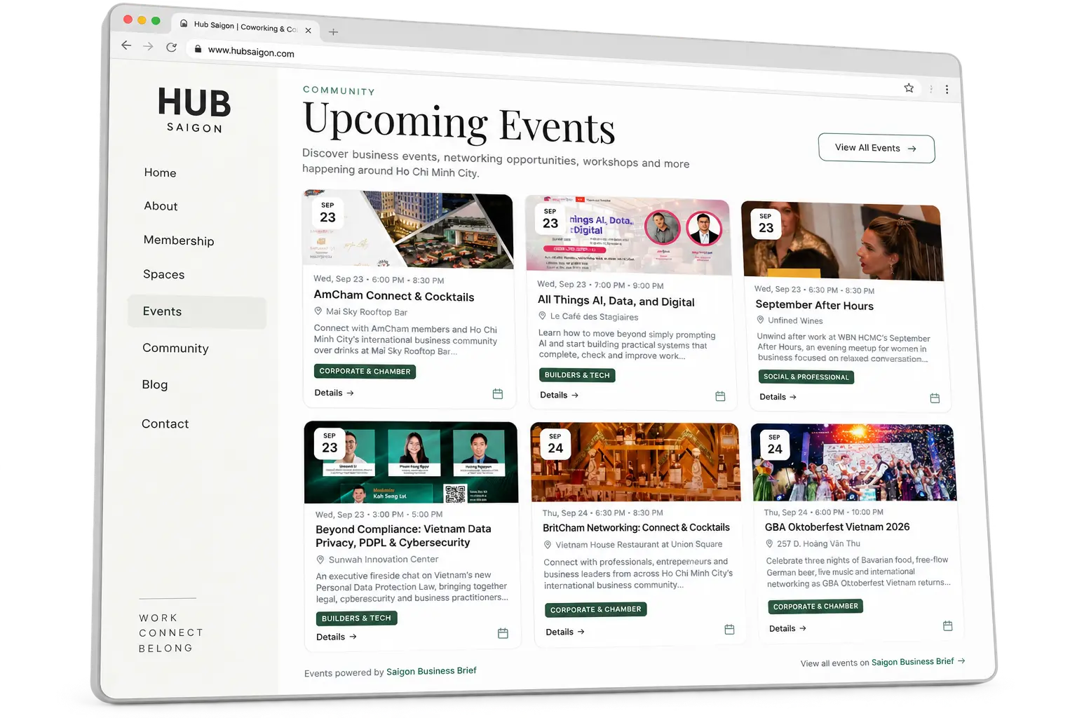 A preview of the free Saigon Business Brief event calendar embedded on a partner website