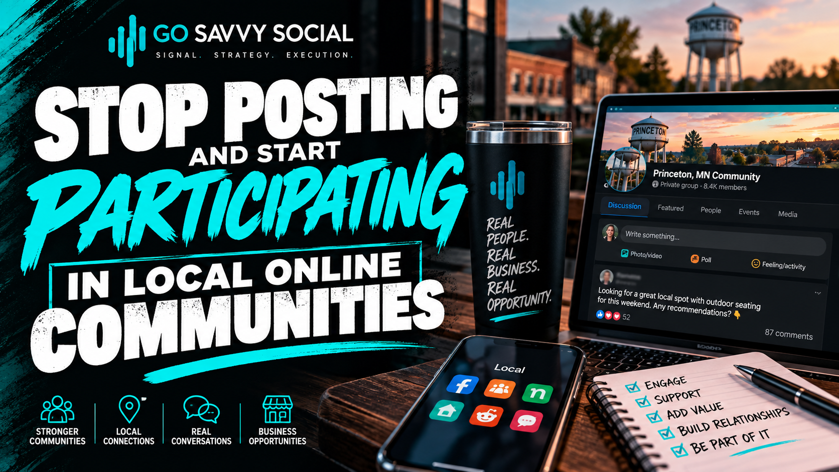 Go Savvy Social blog cover for “Stop Posting and Start Participating in Local Online Communities” — Media + Amplification.