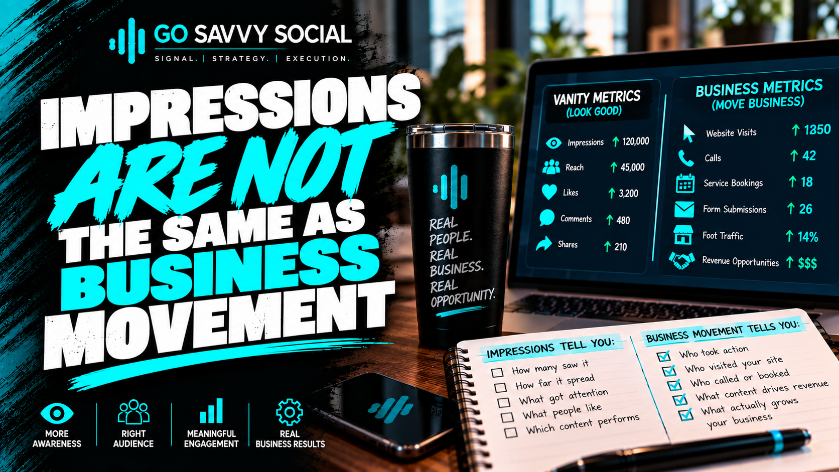 Go Savvy Social blog cover for “Impressions Are Not the Same as Business Movement” — Media + Amplification.