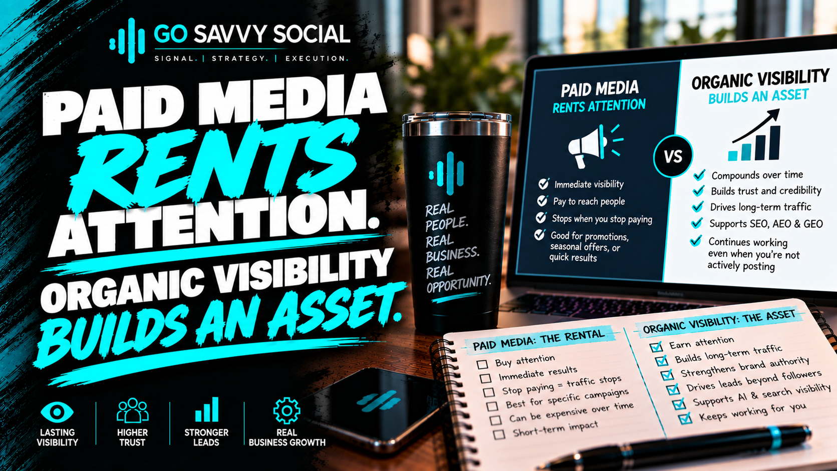 Go Savvy Social blog cover for “Paid Media Rents Attention. Organic Visibility Builds an Asset.” — Media + Amplification. Go Savvy Social blog cover for “Paid Media Rents Attention. Organic Visibility Builds an Asset.” — Media + Amplification.