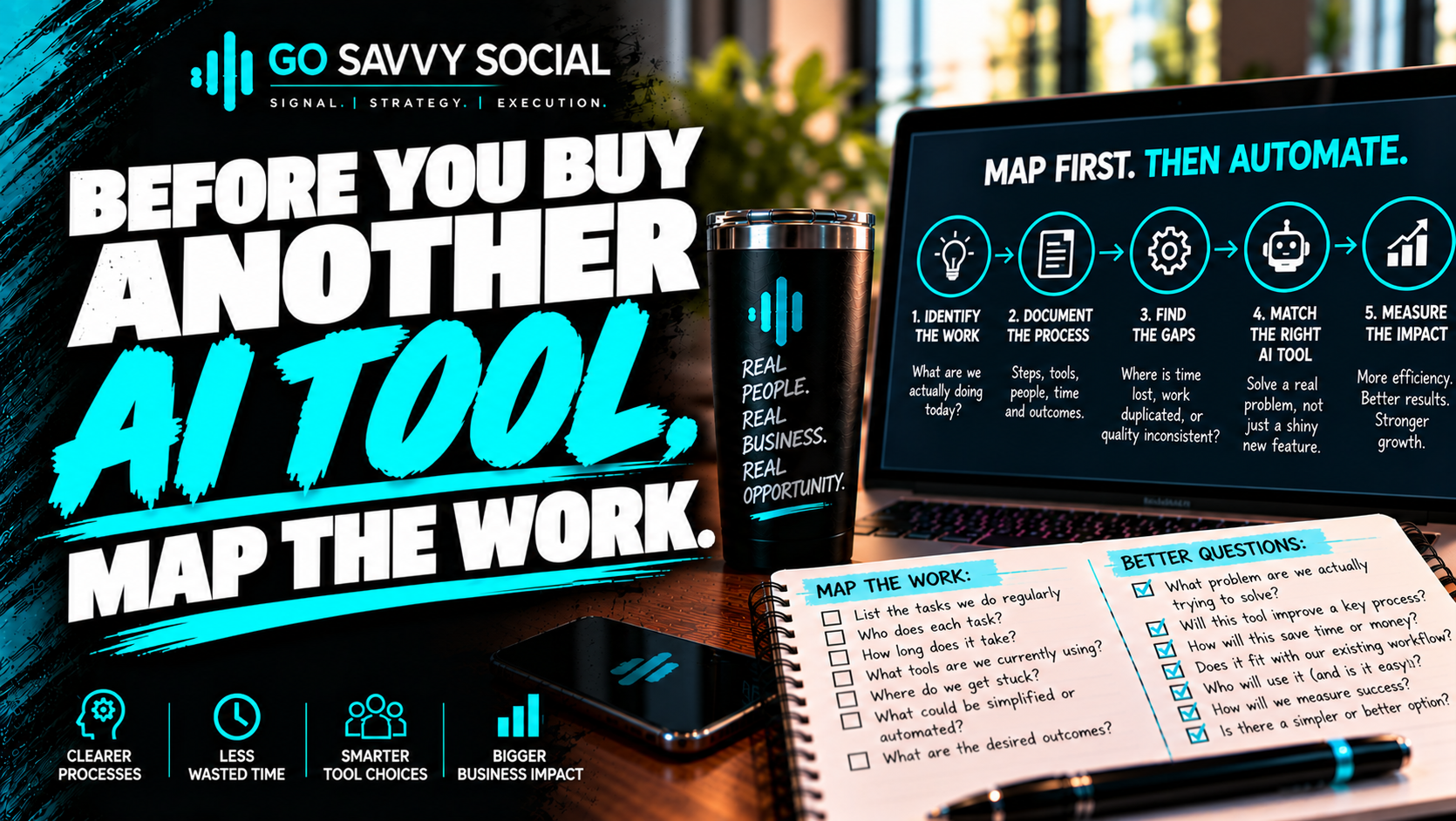 Go Savvy Social blog cover for “Before You Buy Another AI Tool, Map the Work” — AI Enablement. Go Savvy Social blog cover for “Before You Buy Another AI Tool, Map the Work” — AI Enablement.
