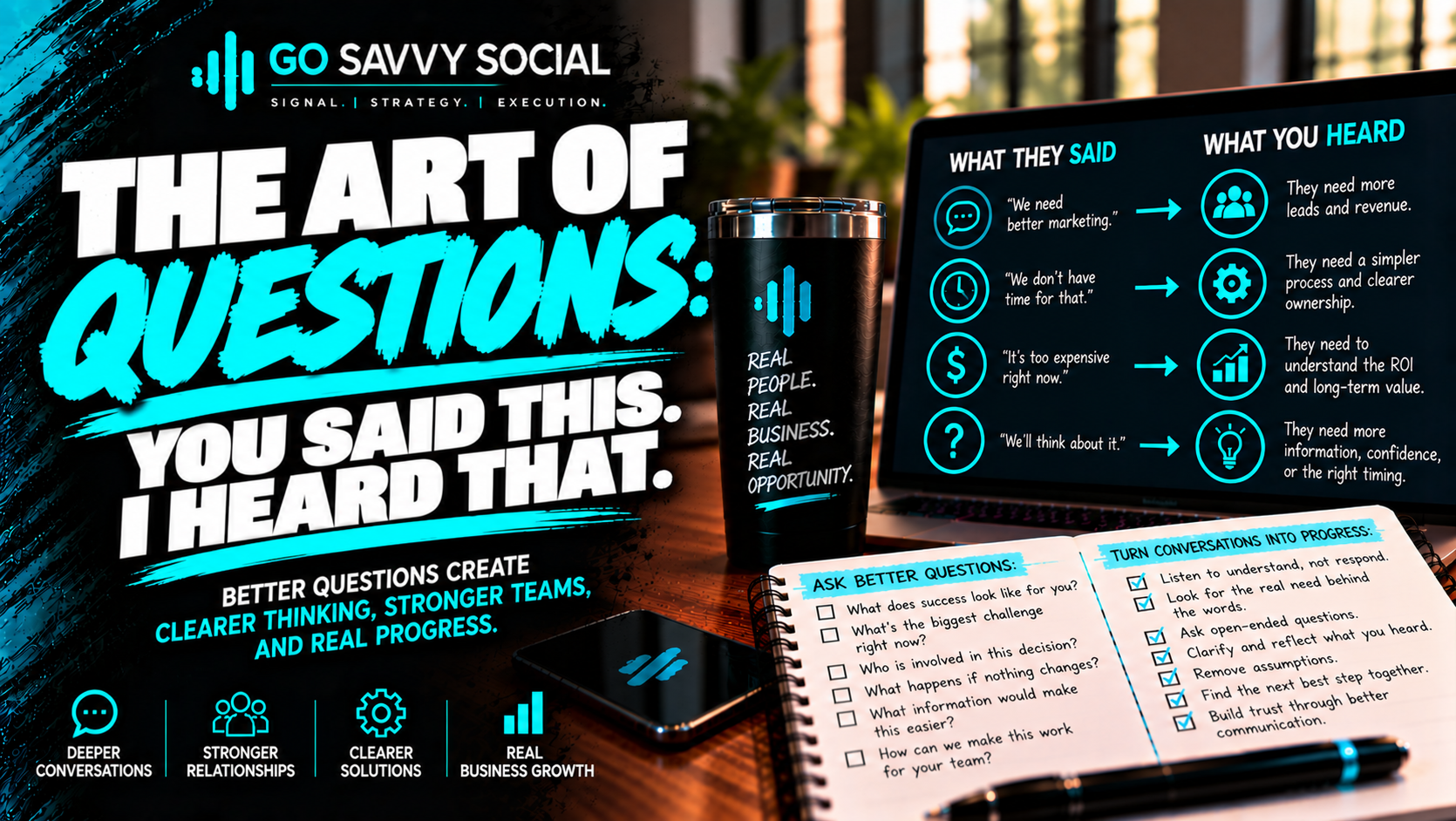 Go Savvy Social blog cover for “The Art of Questions: You Said This. I Heard That.” — Business Development. Go Savvy Social blog cover for “The Art of Questions: You Said This. I Heard That.” — Business Development.