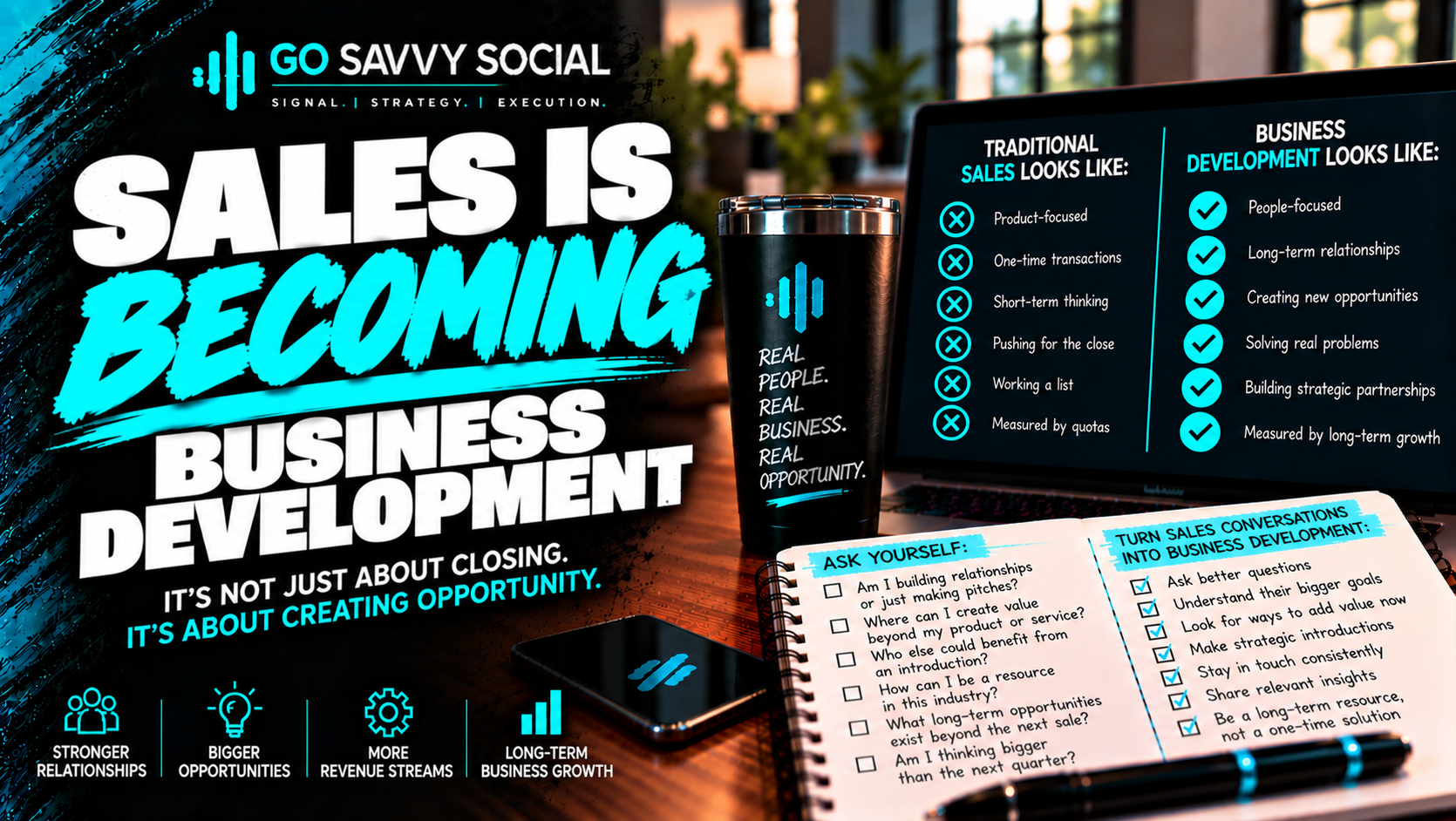 Go Savvy Social blog cover for “Sales Is Becoming Business Development” — Business Development.