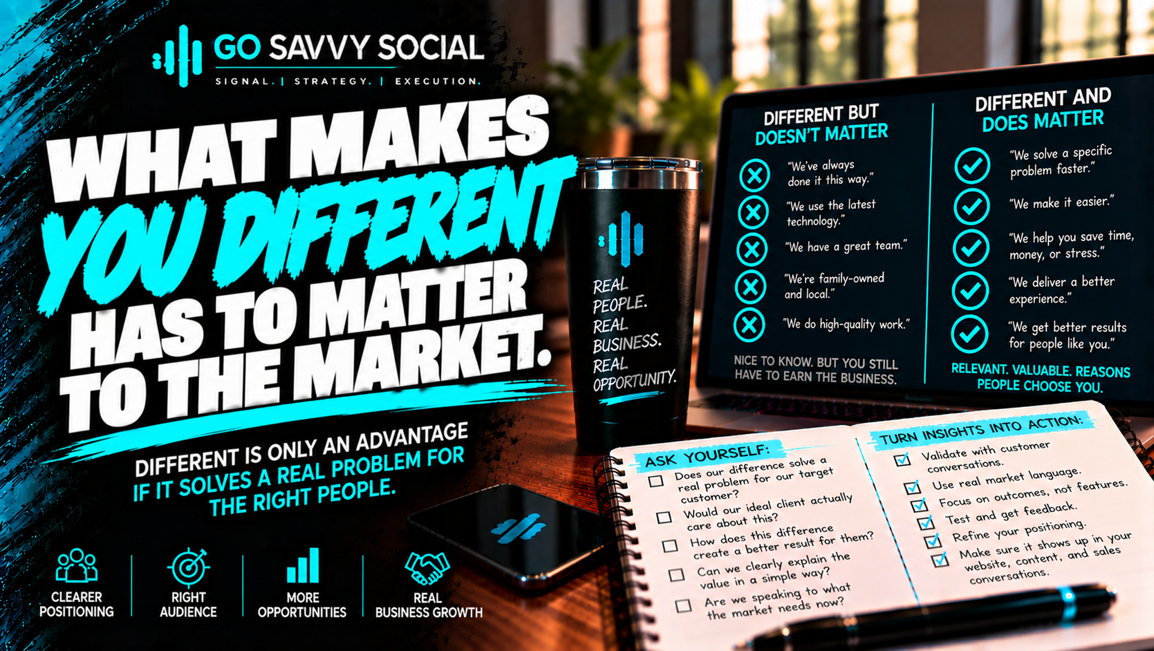 Go Savvy Social blog cover for “What Makes You Different Has to Matter to the Market” — Business Development.