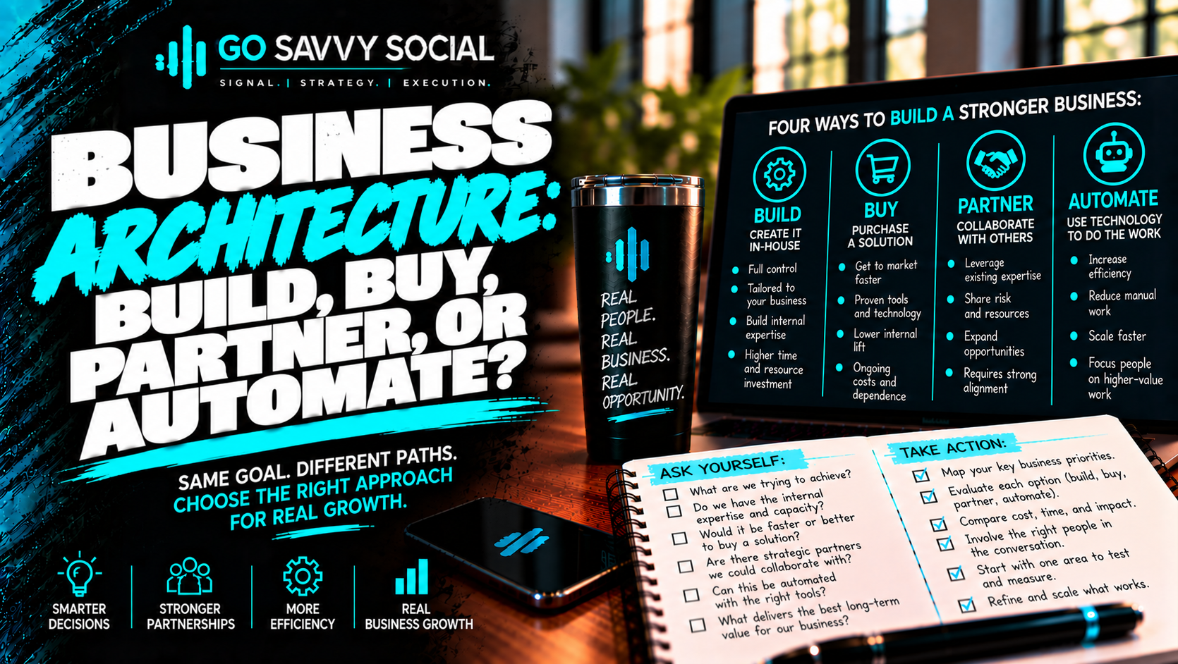 Go Savvy Social blog cover for “Business Architecture: Build, Buy, Partner, or Automate?” — Business Development. Go Savvy Social blog cover for “Business Architecture: Build, Buy, Partner, or Automate?” — Business Development.