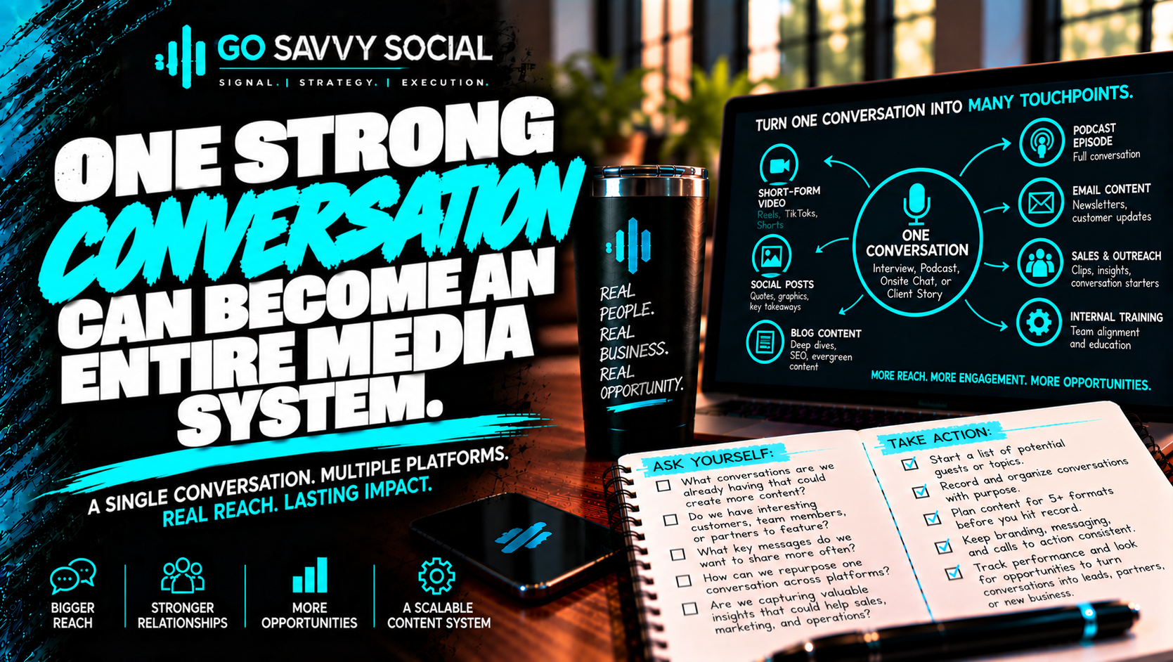 Go Savvy Social blog cover for “One Strong Conversation Can Become an Entire Media System” — Media + Amplification.