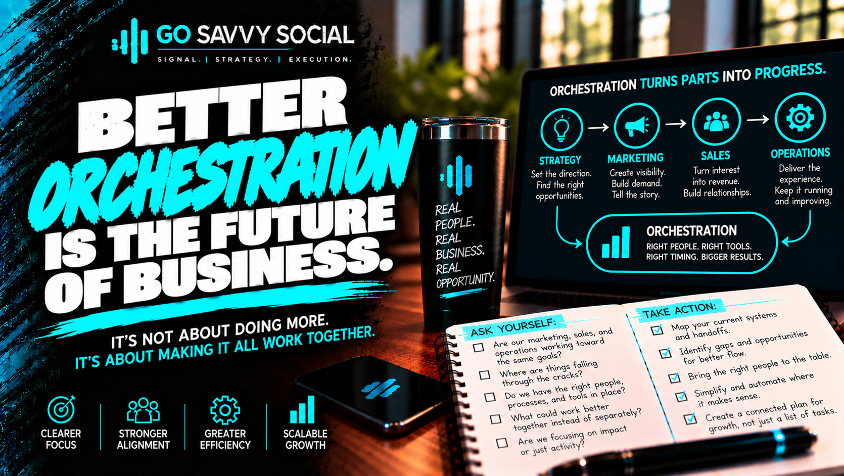 Go Savvy Social blog cover for “Better Orchestration Is the Future of Business” — Business Development.